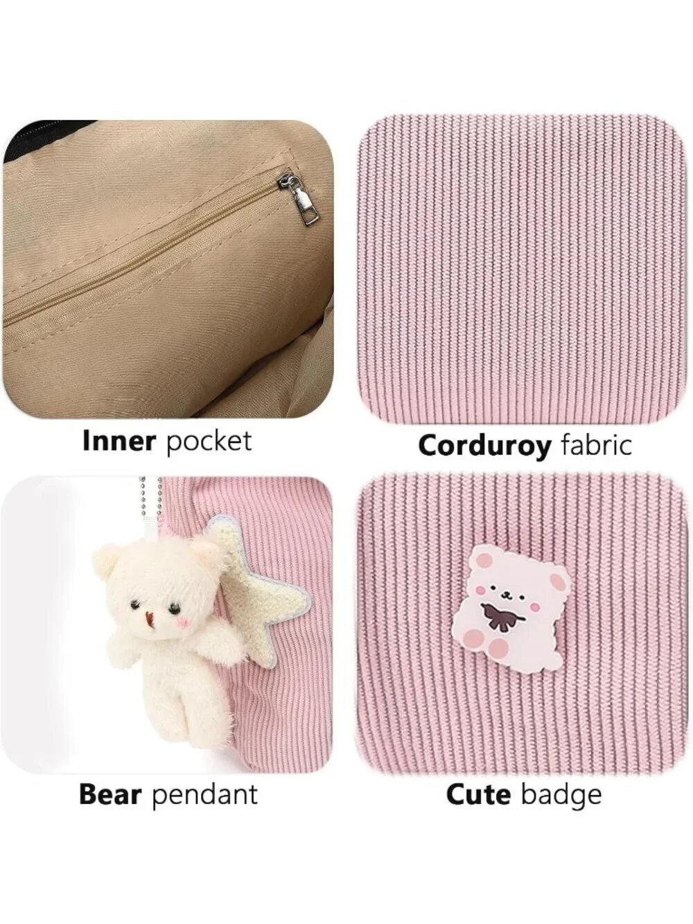 Women's Pink Zipper Kawaii Corduroy Star Crossbody Shoulder Purse